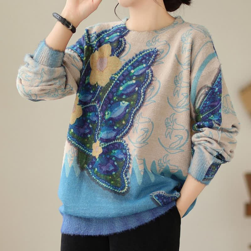 Vintage Blue Flower Butterfly Print Sweater