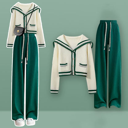 Sailor Collar Cable Sweater Casual Pants Pleated Skirt Set