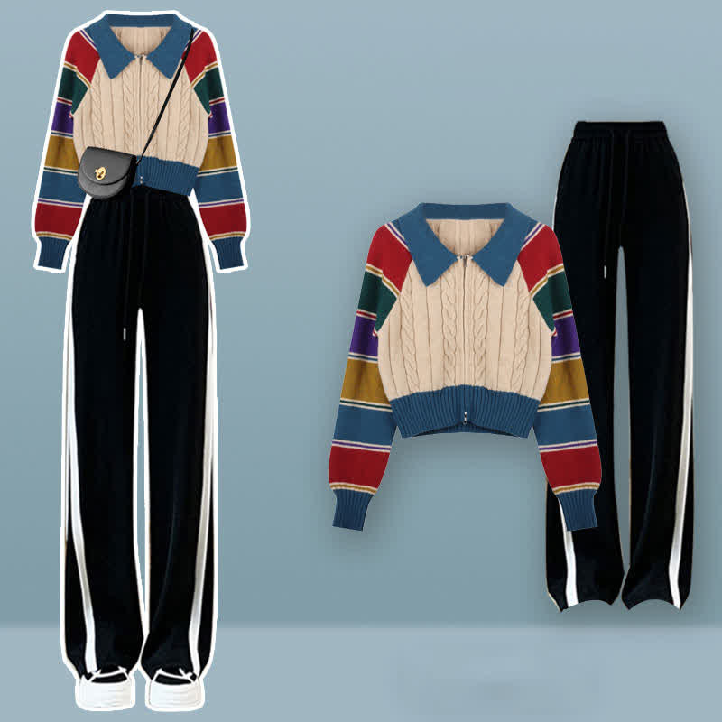 Colorblock Stripe Cardigan Sweater Pants Set