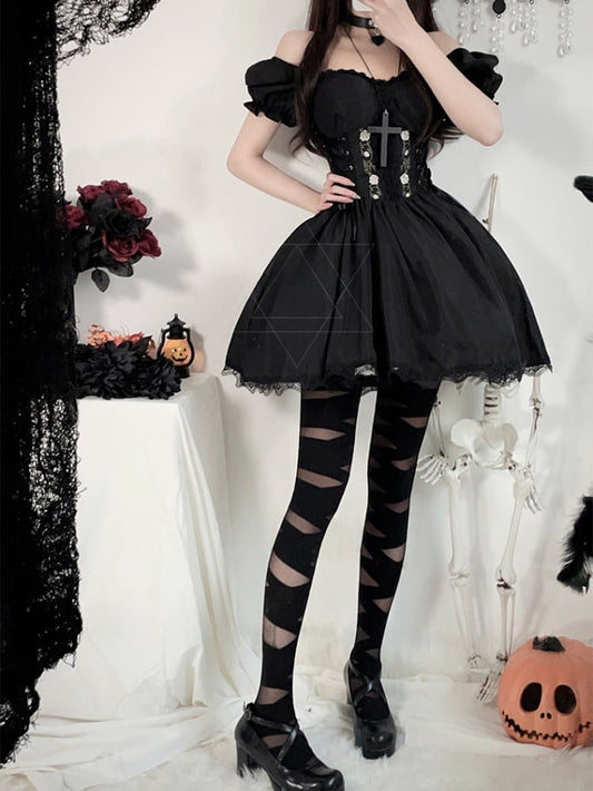 Halloween Dark Black Puff Sleeves Dress Costume