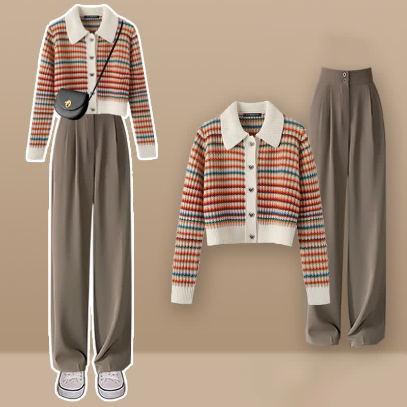 Colorful Stripe Rainbow Cardigan Casual Pants