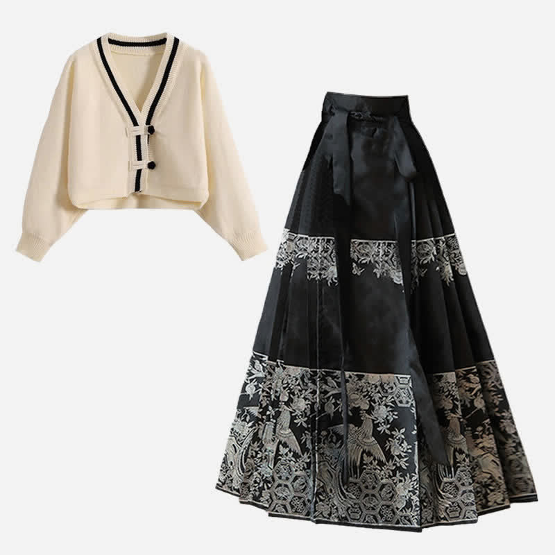 Elegant Vintage Buckle Cardigan Sweater Pleated Skirt