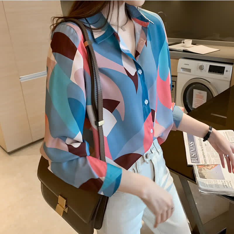 Chic Colorblock Long Sleeve Lapel Shirt