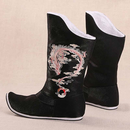 Vintage Dragon Embroidery Pointed Toe Plush Boots