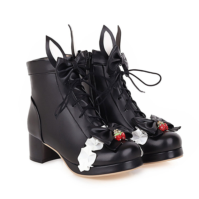 Sweet Strawberry Bow Lolita Lace Up Boots