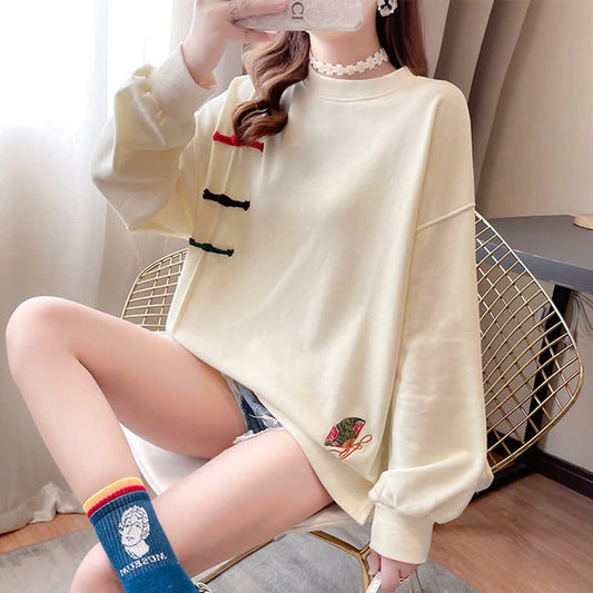 Vintage Fan Embroidery Buckle Sweatshirt