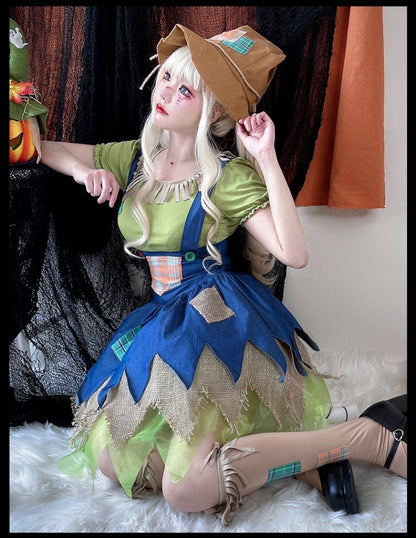 Halloween Green Blouse and Blue Dress Scarecrow Costume