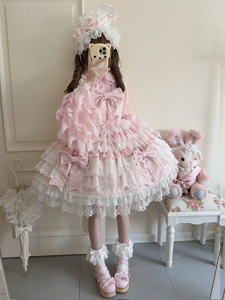 Bead Lolita Chain Decoration Bows Pink Tiered Big Dress Hanayome Skirt