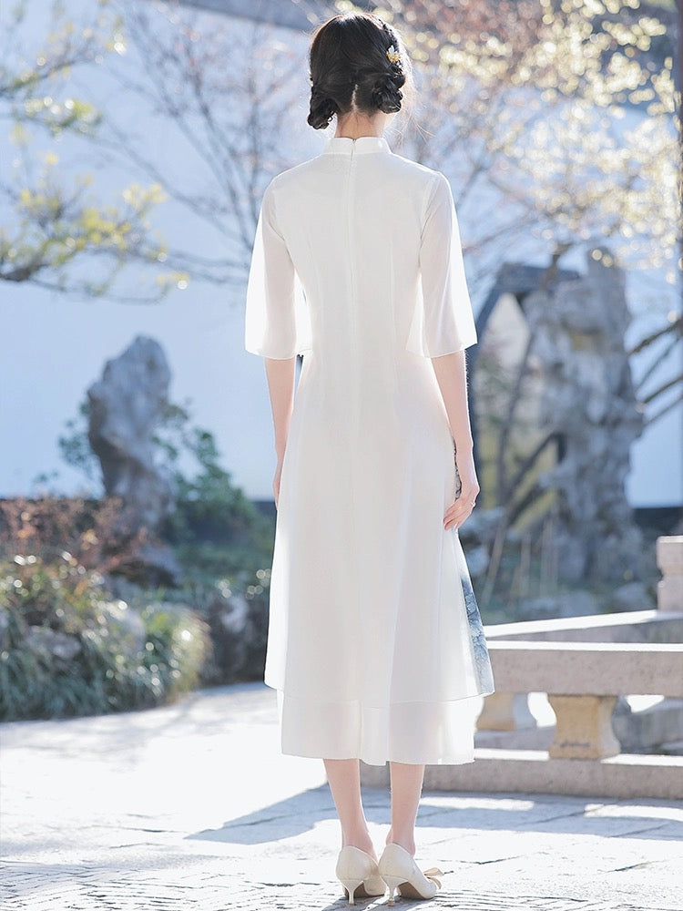 White Elegant Wide Sleeve Long Cheongsam