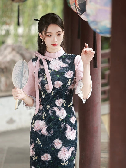 Ribbon Mid Sleeve Long Cheongsam