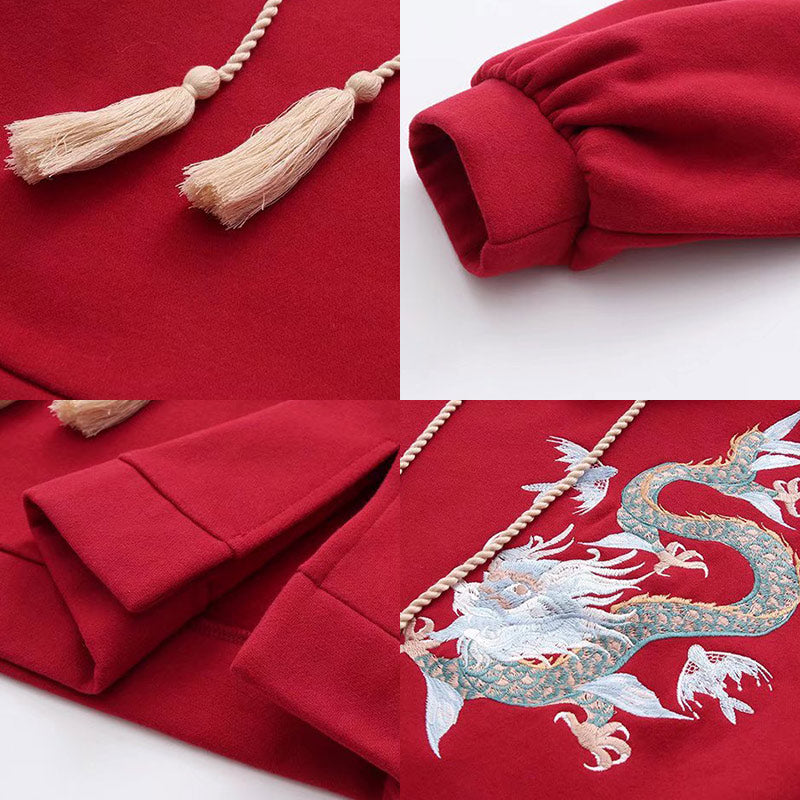 Vintage Dragon Embroidery Hoodie Skirt Set