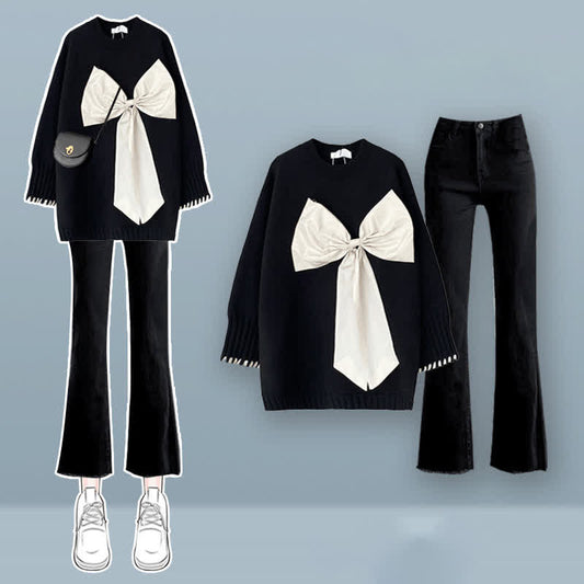 Black Bow Decor Knit Sweater Denim Pants Set