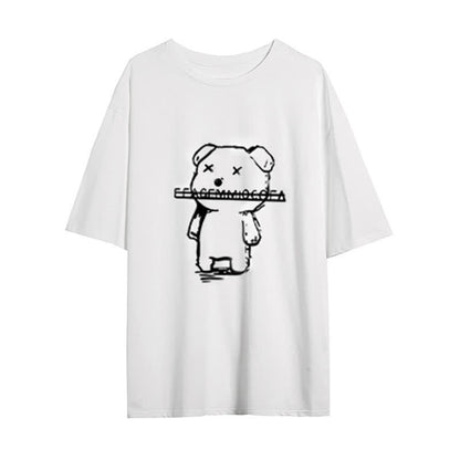 Round Collar Bear Print T-Shirt Lace Up Skirt