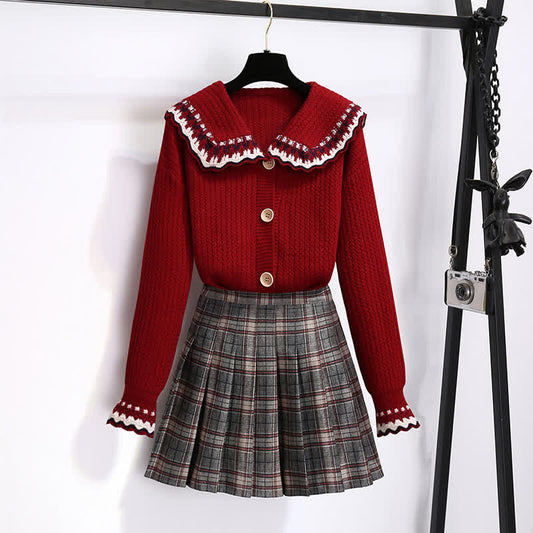 Elegant Doll Collar Knit Sweater Plaid Print Pleated Skirt