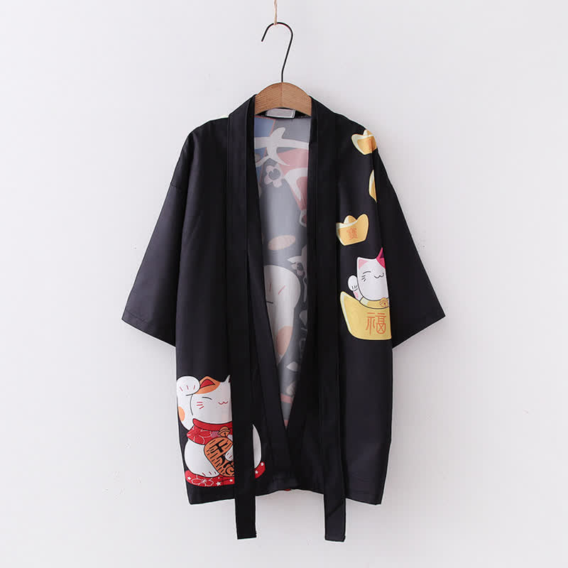 Cardigan imprimé lettre Lucky Cat Kimono Vêtements d'extérieur