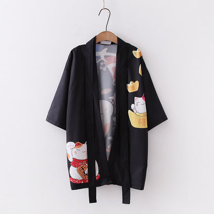 Cardigan imprimé lettre Lucky Cat Kimono Vêtements d'extérieur