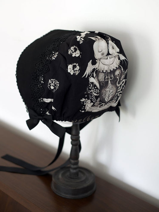 Bunny Print Bonnet Dark Lolita Black