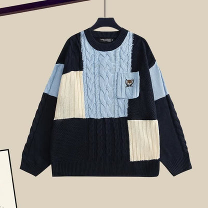 Colorblock Cable Knit Sweater Shirt Denim Pants Set