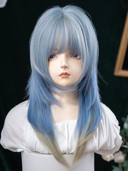 Length Hair Wig With 65CM Blue Cut Straight Color Bangs Hime Air Ombre