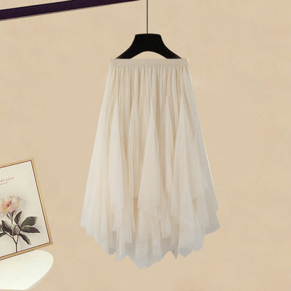 White Lace Up Polo T-Shirt Irregular Tulle Skirt modakawa