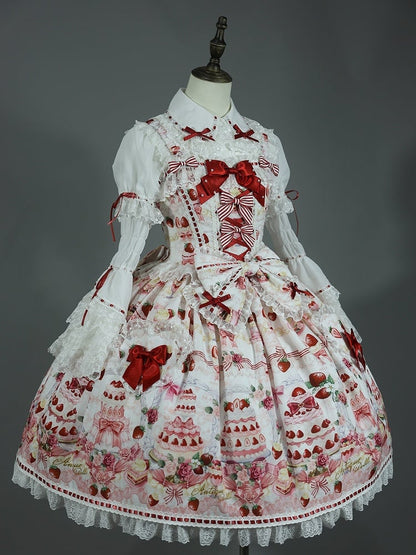 / Sweet Set Desserts Strawberry White Lolita JSK Print Bow and Full Accents