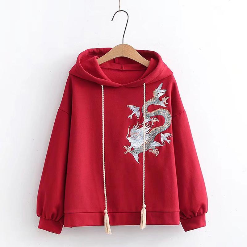 Vintage Dragon Embroidery Hoodie Skirt Set