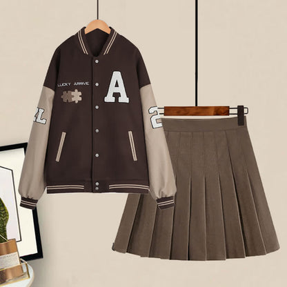 Letter Embroidery Baseball Jacket Pleated Skirt Set