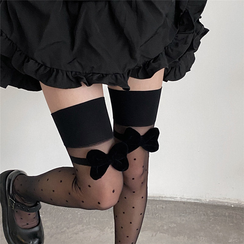 Black Bow Knot Decor Polka Dots Silk Stockings