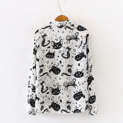 Black White Kitty Print Lapel Chiffon Shirt