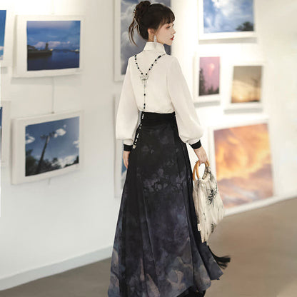 Elegant Bamboo Ink Painting Shirt Lace Up Pleated Skirt