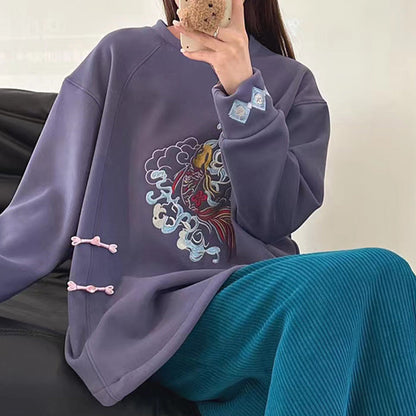 Charming Koi Fish Embroidery Round Collar Sweatshirt