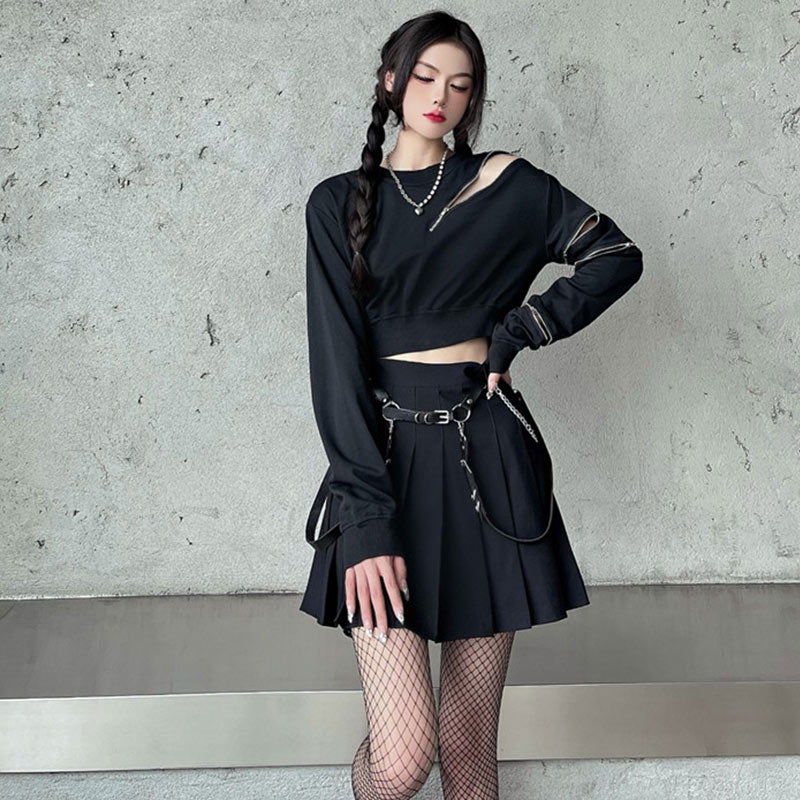 Y2K Zipper Short Sweatshirt Waistband Pleated Skirt Set