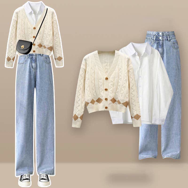 Rhombus Print Sweater Lapel Shirt Denim Pants Set