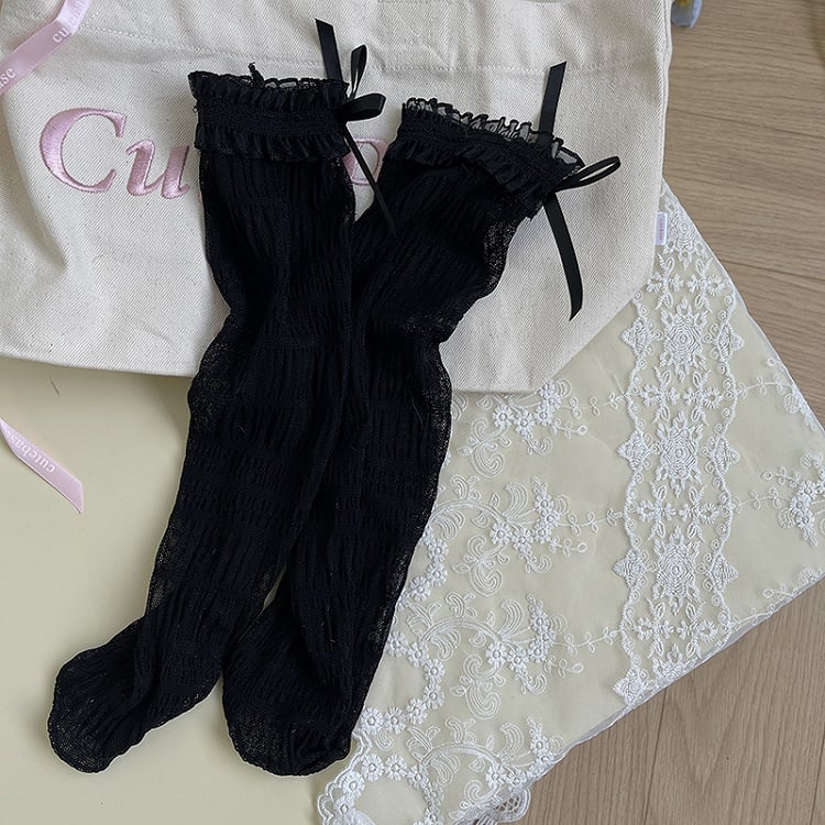 Tulle Socks Lace Details Bowknot Ruffled White/Black