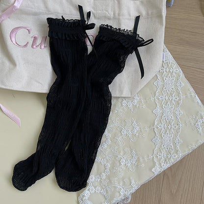 Tulle Socks Lace Details Bowknot Ruffled White/Black