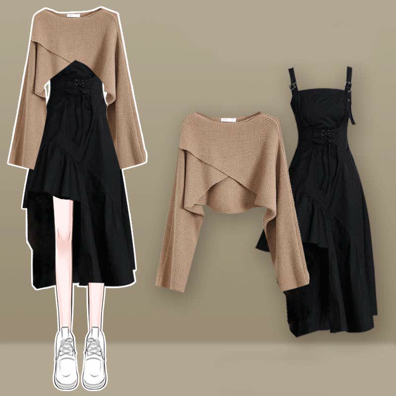 Elegant Cross Knit Sweater Lace Up Irregular Ruffled Slip Dress Set