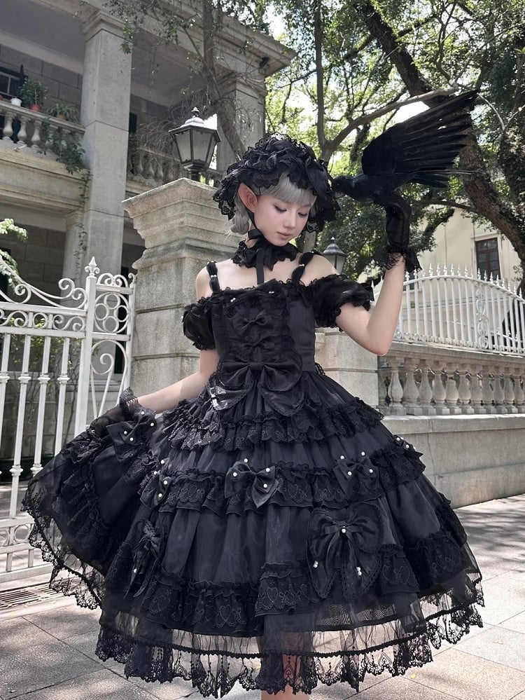 with Black Details Dress Big Accents Princess Lolita Bead All at Back and Bow
