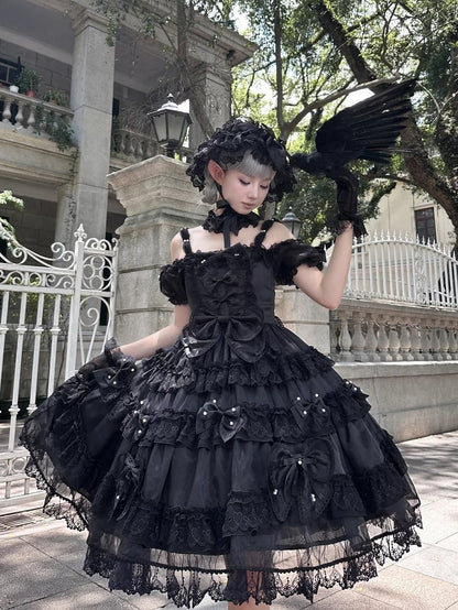 with Black Details Dress Big Accents Princess Lolita Bead All at Back and Bow