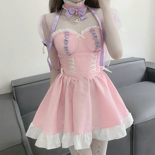 Pink Lace Up Lolita Maid Dress Set