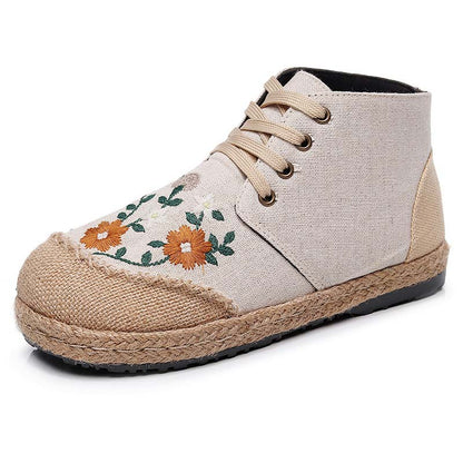 Elegant Embroidery Floral Lace up Canvas Boots