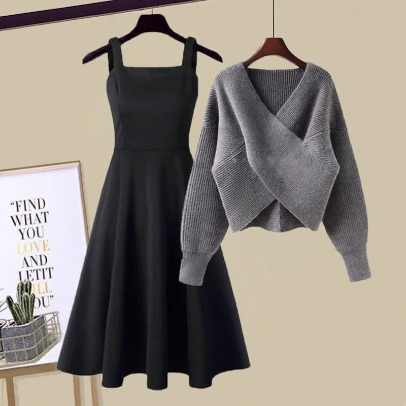 Chic Cross Knit Sweater Slip Dress Set