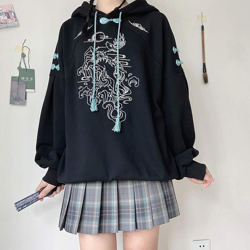 Couple Deer Embroidery Loose Hoodie Dress