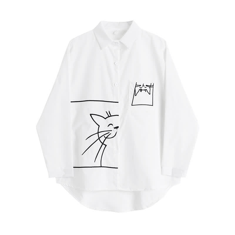 Cartoon Kitty Embroidery Pocket Loose Polo Shirt