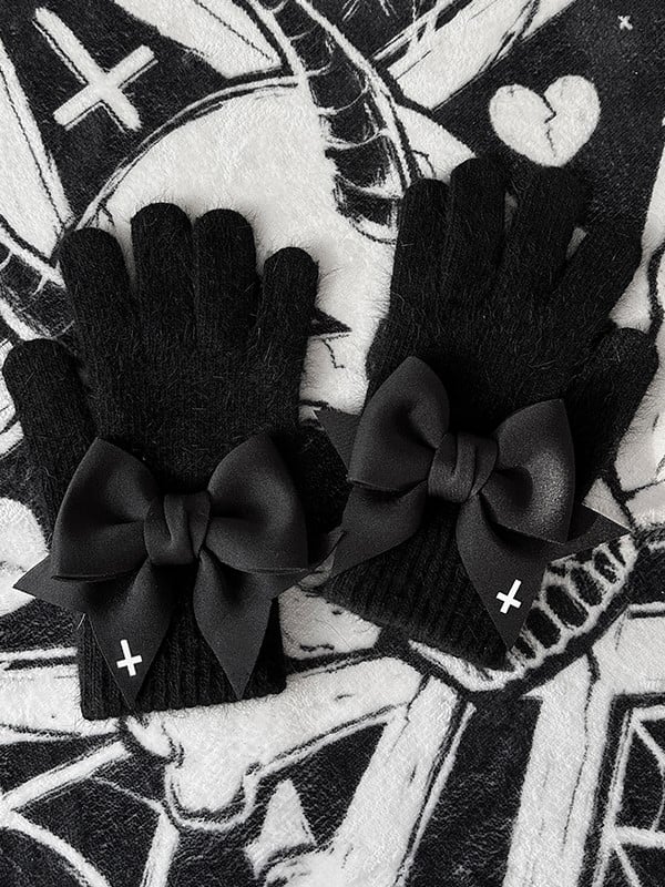 Gothic Pads White Cutout Details Print at Black Bowknot Finger Gloves Cross With