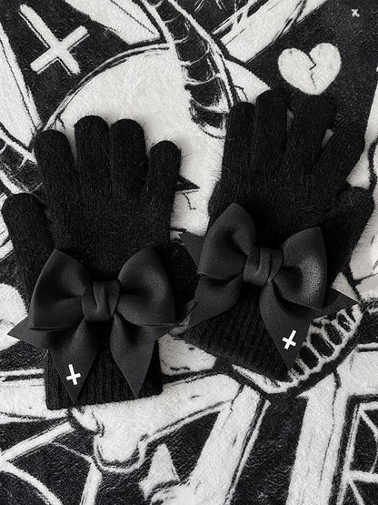 Gothic Pads White Cutout Details Print at Black Bowknot Finger Gloves Cross With