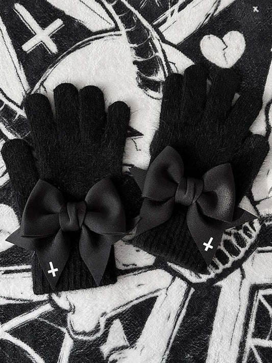 Gothic Pads White Cutout Details Print at Black Bowknot Finger Gloves Cross With