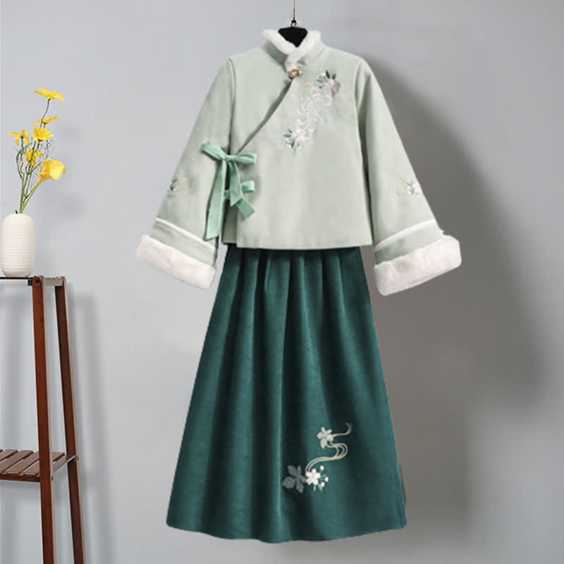 Green Floral Bow Knot Coat Pleated Skirt Vintage Set