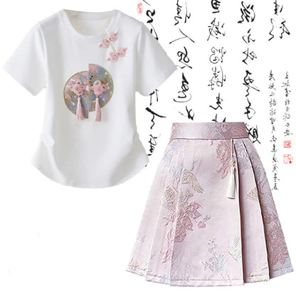 Sweet Print T-Shirt High Waist Pleated Skirt