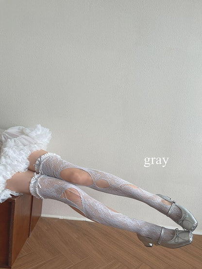 Design Overknee White/Gray/Black Gothic Asymmetrical Details Cut-out Stockings