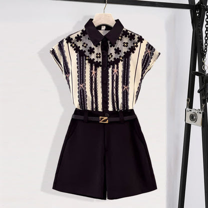 Stripe Print Mesh Chiffon T-Shirt Casual Belted Shorts